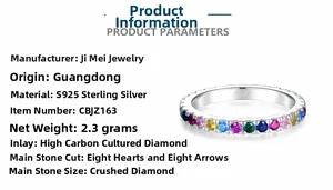 Detail view of S925 sterling silver rainbow ring with heart and arrow cut zircons