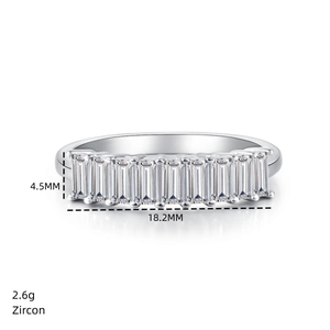 Detailed view of S925 silver ring featuring 4.5mm rectangular zircon stones and dimensions