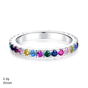 Macro view of S925 sterling silver rainbow zircon ring with 2.5mm gemstone width