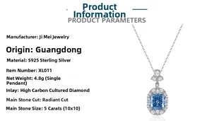 Detail der 5ct Radiant-Schliff blauen Diamant-Halskette aus S925 Silber mit 10x10mm Stein