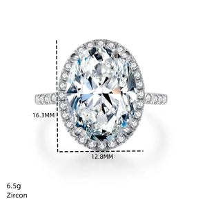 Detailed view of 10-carat radiant cut zircon ring with 16.3x12.8mm halo setting