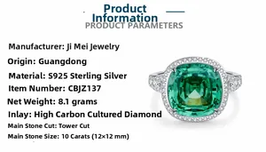 Detailed specs of S925 silver ring featuring 10ct square green stone with pagoda cut