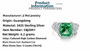 Macro detail of S925 silver ring featuring a 5ct Radiant cut emerald green carbon diamond