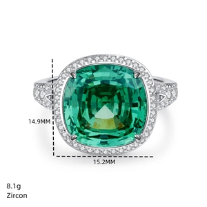 Macro detail of S925 silver ring featuring 15mm cushion cut green zircon stone