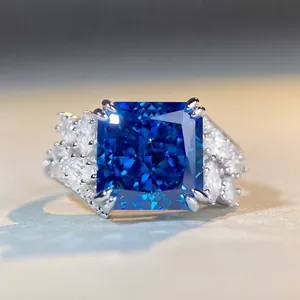 925 Sterling Silver Luxurious Blue Zirconia Ring For Women Radiant Cut Cubic Zircon Square Deep Sea Blue Gemstone Jewelry Geometric Ring Gift