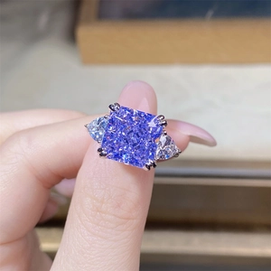 Detailed view of a 5 carat radiant cut lavender zirconia ring on S925 sterling silver band