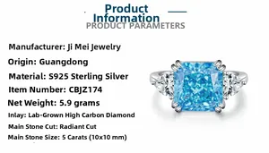 Detail of S925 sterling silver ring featuring a 5ct radiant cut blue stone and side diamonds