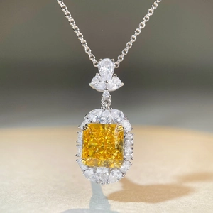 Radiant cut yellow gemstone halo necklace with s925 sterling silver chain for women