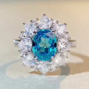 Bague Luxueuse en Argent Sterling 925 avec Zirconia Ovale en Grappe de Fleurs Femme Aigue Marine Paraiba Rouge Padparadscha Bijoux Mariage