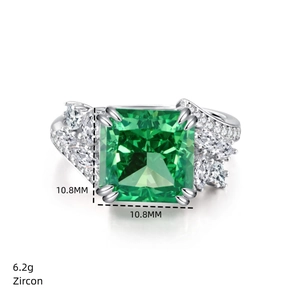 Macro view of a 10.8mm emerald-cut green zircon set in a S925 sterling silver ring band