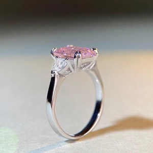 Elegant S925 sterling silver ring featuring a rectangular pink gemstone and side crystals
