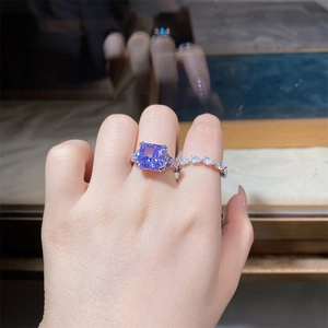 Macro detail of S925 silver ring with 5ct lavender radiant cut purple zircon stone