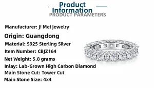 Detail view of S925 sterling silver eternity ring featuring 4x4mm radiant cut square stones