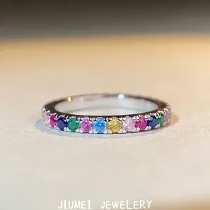 S925 Sterling Silver Rainbow Eternity Ring Multicolor Zirconia Inlaid Round Gemstone Band For Women Minimalist Luxury Jewelry