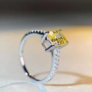 S925 sterling silver ring with radiant cut yellow carbon diamond and side pavé accents