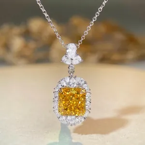 Luxurious 925 Sterling Silver Radiant Cut Yellow Zirconia Pendant Necklace For Women Elegant Halo Setting Jewelry Accessory