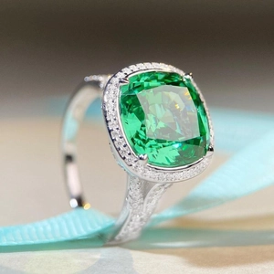 S925 silver halo ring with cushion-cut Paraiba green gemstone and pavé accents