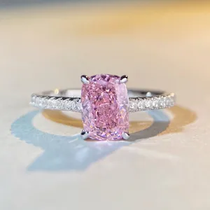 925 Sterling Silver Radiant Cut Pink Zirconia Ring Elegant Fashion Square Gemstone Ring For Women Sweet Wedding Party Jewelry