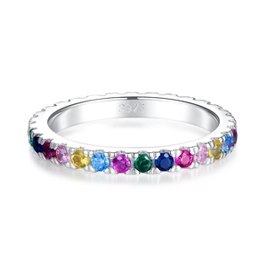 S925 sterling silver eternity ring featuring vibrant rainbow cubic zirconia stones