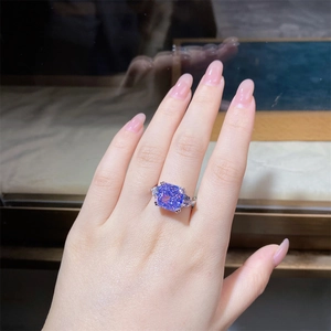 Macro shot of 5 carat radiant cut lavender zirconia ring set in S925 sterling silver