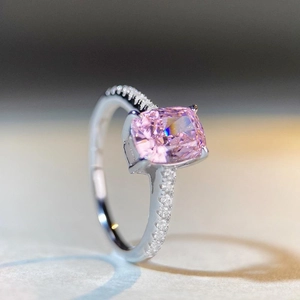 Elegant s925 silver ring featuring a radiant cut pink diamond with micro-pave band detail