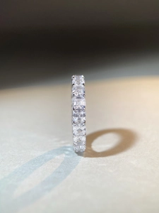 Macro view of emerald cut eternity ring with S925 silver and full channel set stones