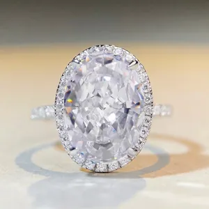 925 Sterling Silver Oval Cut Halo Ring For Women Luxurious 10 Carat Large Rhinestone Radiant Cut Wedding Engagement Jewelry