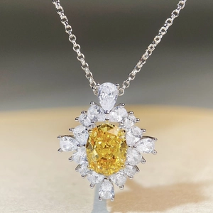 S925 silver necklace with oval yellow diamond pendant surrounded by sparkling zircons