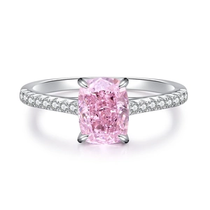 Elegant s925 silver ring featuring a pink cushion-cut stone with micro-pave side diamonds