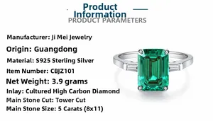 Detail of 5ct emerald cut green high carbon diamond ring on S925 sterling silver band