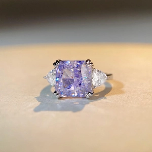 S925 sterling silver ring with 5ct lavender radiant cut zircon and side stones