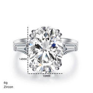 Detail view of a 10ct oval zircon ring with dimensions 14mm by 10mm and 6g weight