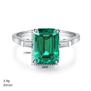 Detail view of 5ct emerald-cut green zircon ring with 11x8mm stone size and 3.9g weight