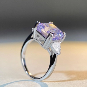 5ct lavender radiant cut S925 silver ring with side pear diamonds from a profile view
