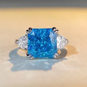 Luxury 925 Sterling Silver Zirconia Radiant Cut Three Stone Ring For Women Aquamarine Style Radiant Cut Engagement Ring