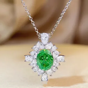 925 Sterling Silver Paraiba Green Emerald Pendant Necklace For Women Oval Luxurious Rhinestone Banquet Clavicle Chain Jewelry