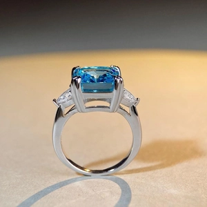 S925 sterling silver ring with rectangular aquamarine center and side stones