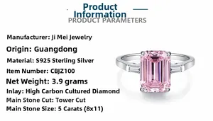 Macro detail of S925 sterling silver ring with 5 carat radiant cut pink carbon diamond