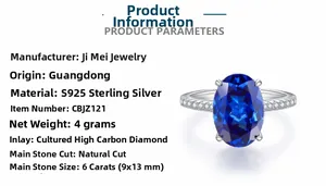 Detailed specs of the S925 silver ring featuring a 6ct oval sapphire-blue carbon diamond