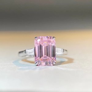 925 Sterling Silver Ring Emerald Cut Pink Green White Zircon Luxury Three Stone Anniversary Wedding Jewelry Women