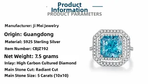 Detail view of 5ct radiant cut blue carbon diamond ring with S925 silver specs