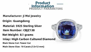 Détail bague en argent S925 avec saphir bleu de 10ct taille coussin et dimensions