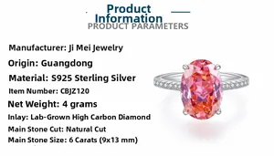 Detail of 6 carat pink oval high carbon diamond ring in S925 sterling silver, 4g weight
