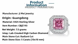 Detailed specs for a 5ct radiant cut pink carbon diamond S925 sterling silver ring