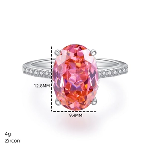 Detail of 12.8mm pink oval zircon ring with dimensions and sparkling pavé band