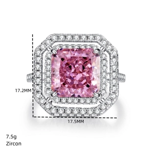 Macro view of square pink zircon ring with double halo setting and dimensions detail
