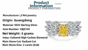 Detail view of S925 silver ring featuring a 2ct radiant cut yellow carbon diamond gem