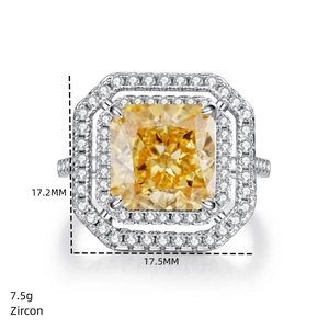 Vue détaillée d'une bague en argent S925 avec zircon jaune Radiant et halo de diamants