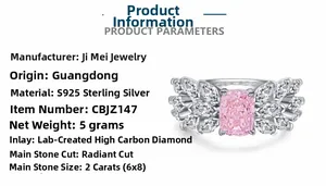 Macro shot of 2ct radiant cut pink diamond ring in S925 sterling silver with side stones
