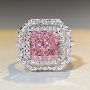 Bague luxueuse en argent S925 avec zircon rose carré et sertissage double halo
